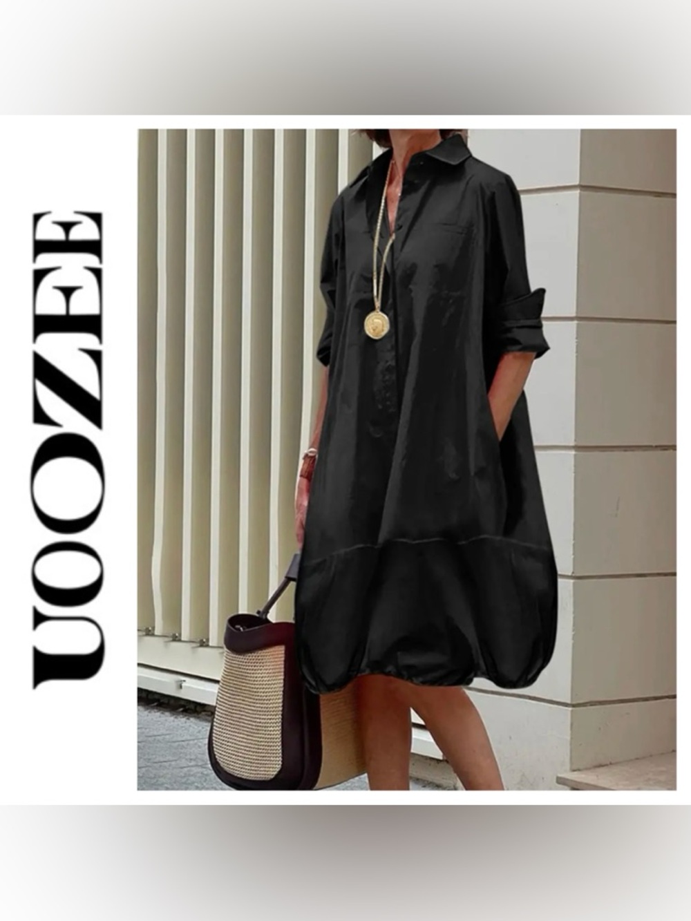 💵NWT UOOZEE Black Loose Fit w/Pockets MIDI Elastic Hem Dress Size Small
